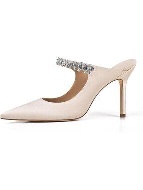 Women's Satin-Nude Rhinestone Heels Pointed Toe Slip On 4" Stiletto Closed Toe